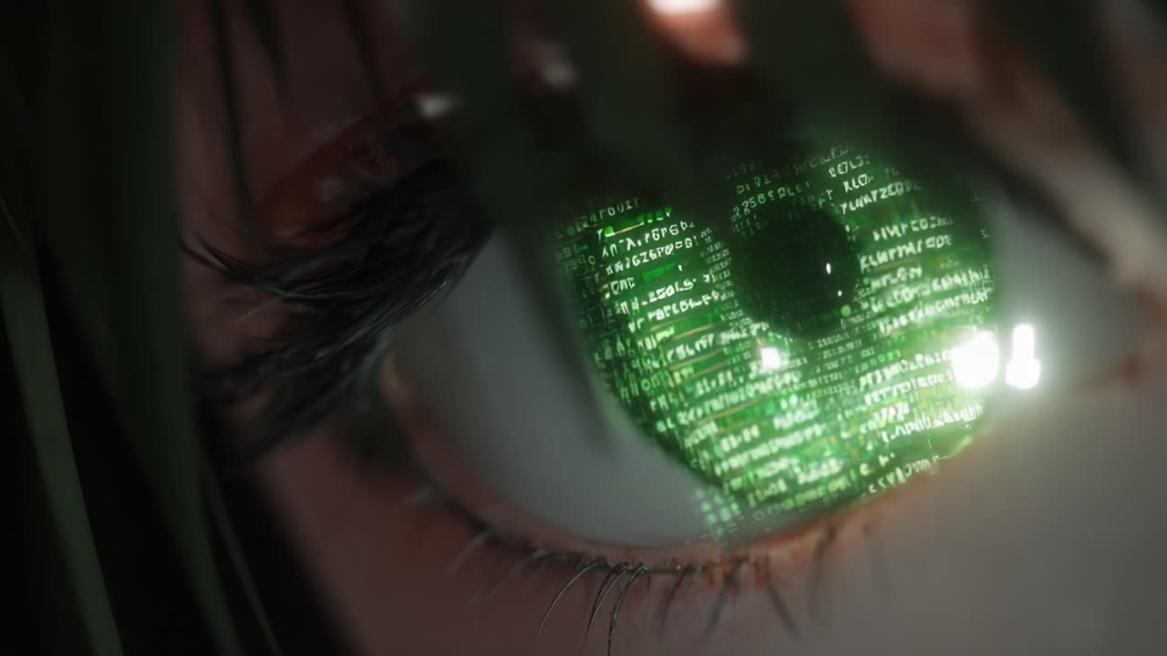 A Close-up View of a Futuristic Eye with a Glowing Green Matrix Display, Capturing the Intricate Details of Data and Technology Intertwined with a Lush Background of Enthralling Visual Elements
