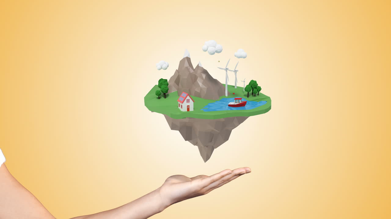 떠다니는 섬 주위를 돌아다니는 항공기를 보여주는 손