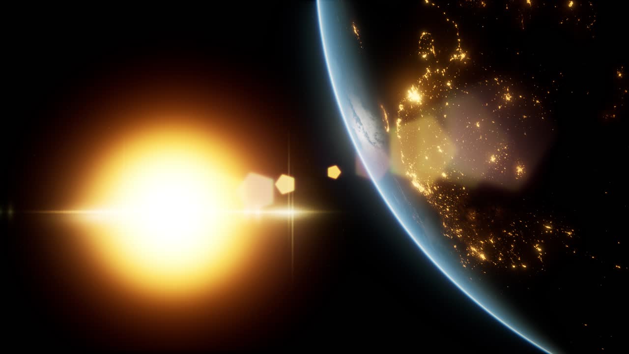 удивительный восход солнца над землей. вид планеты земля из космоса