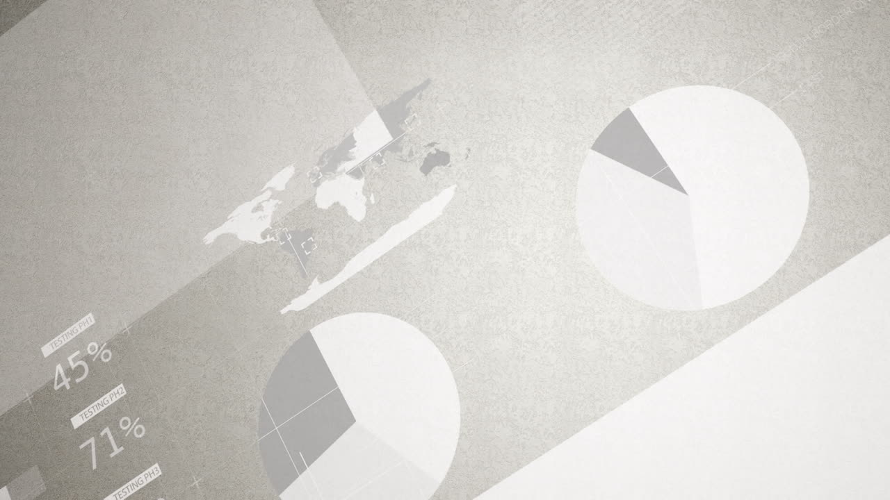 디지털 인터페이스에서 금융 데이터, 세계 지도, 바 그래프, 파이 차트 애니메이션