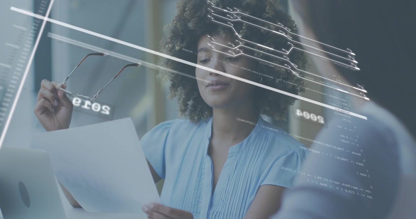 Glitch sweeping business timeline overlay as coworker placing glasses and reviewing document
