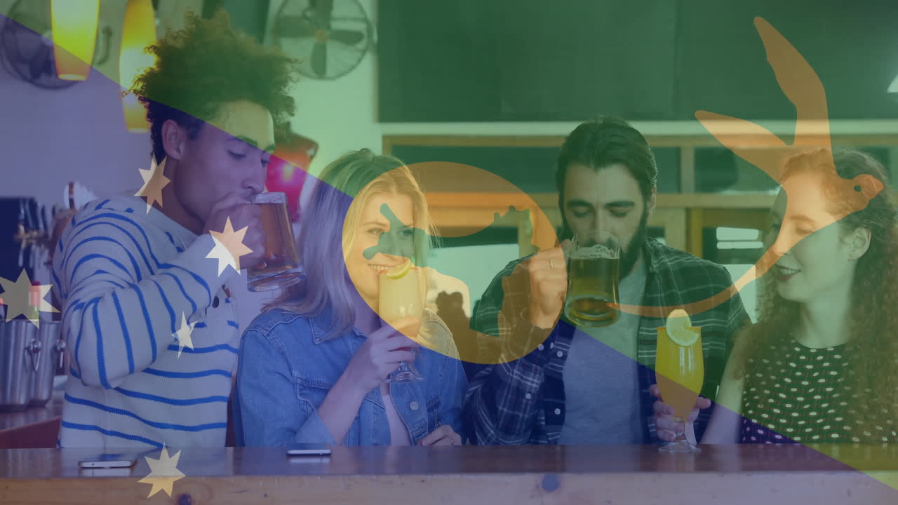 Group of friends enjoying drinks at bar overlaid with colorful flag animation