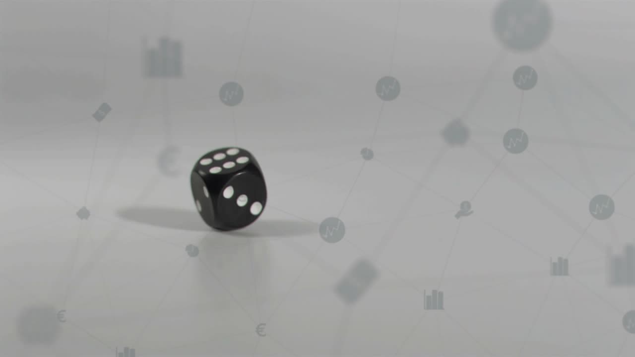 Rolling die initiating blue icons forming 3D network around die representing data connectivity
