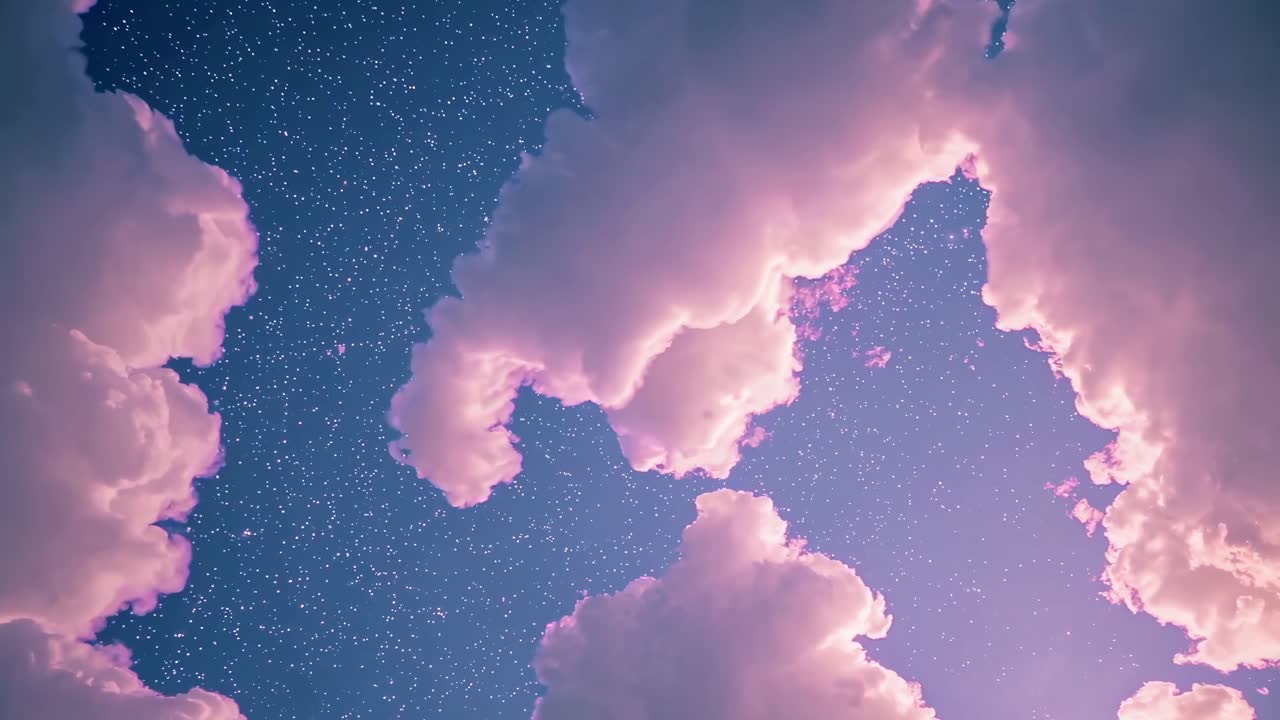 A dreamy video showcasing a starry night sky framed by pink clouds, creating a serene and ethereal