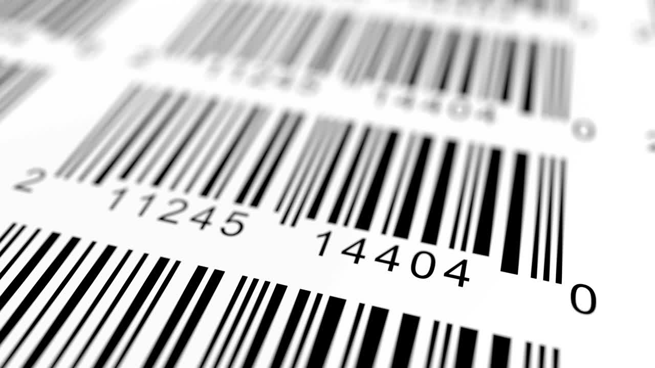 제품에 바코드가 있는 빨간색 레이저 스캐닝 라벨의 클로즈업 뷰.