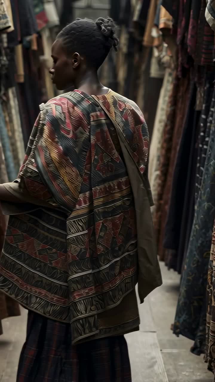 Vídeo vertical: Mulher de capa com bolsa entrando, examinando tecidos no corredor de têxteis e inspecionando rolos