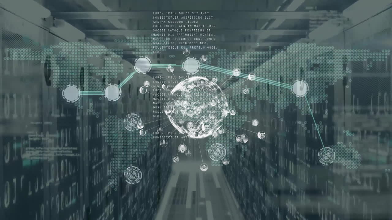 Animation of globe with network of connections over computer servers