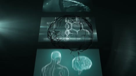 animación del cerebro humano girando sobre pantallas con procesamiento de datos científicos