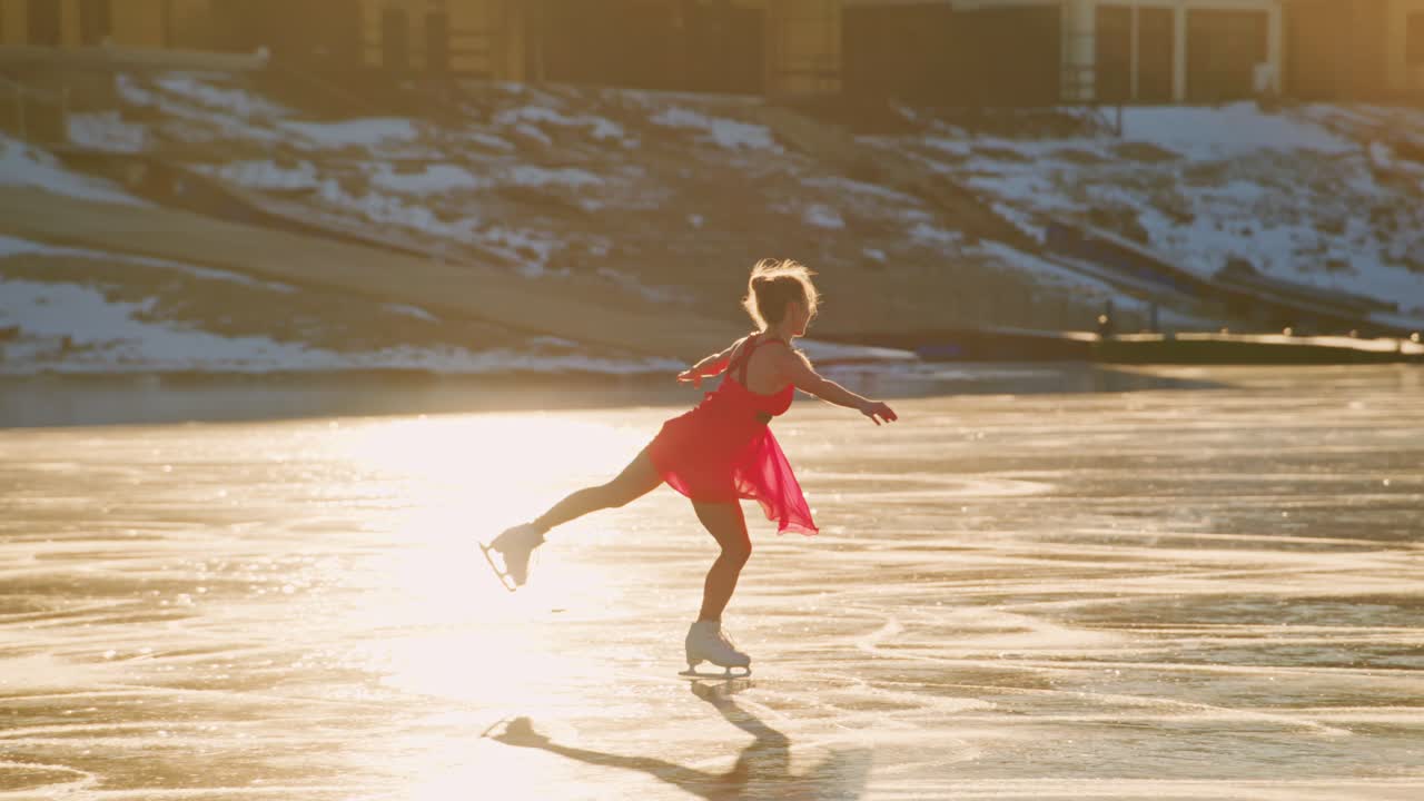 Woman Ice Skating on a Frozen Lake