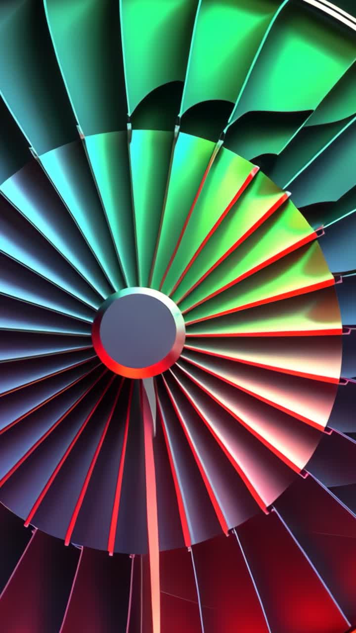 Vertical video: Timer starting fan blades rotating in dark studio, showing shifting LED colors