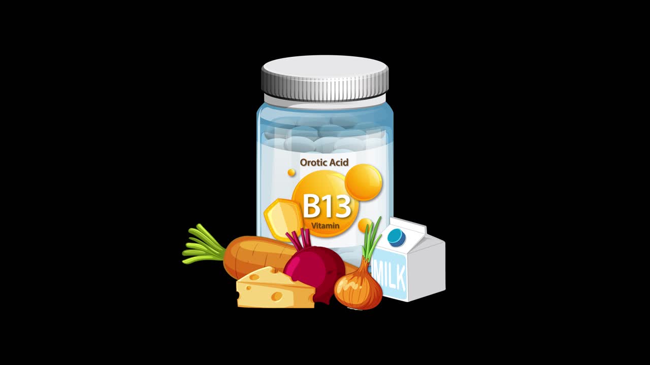 Vitamin B13 bottle with vegetables, cheese, and milk appears on black background, smooth animated transition