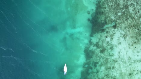 Luftaufnahme-Eines-Segelbootes-Im-Türkisfarbenen,-Unberührten-Wasser-Der-Siebenfarbigen-Lagune-In-Mexiko-Bacalar