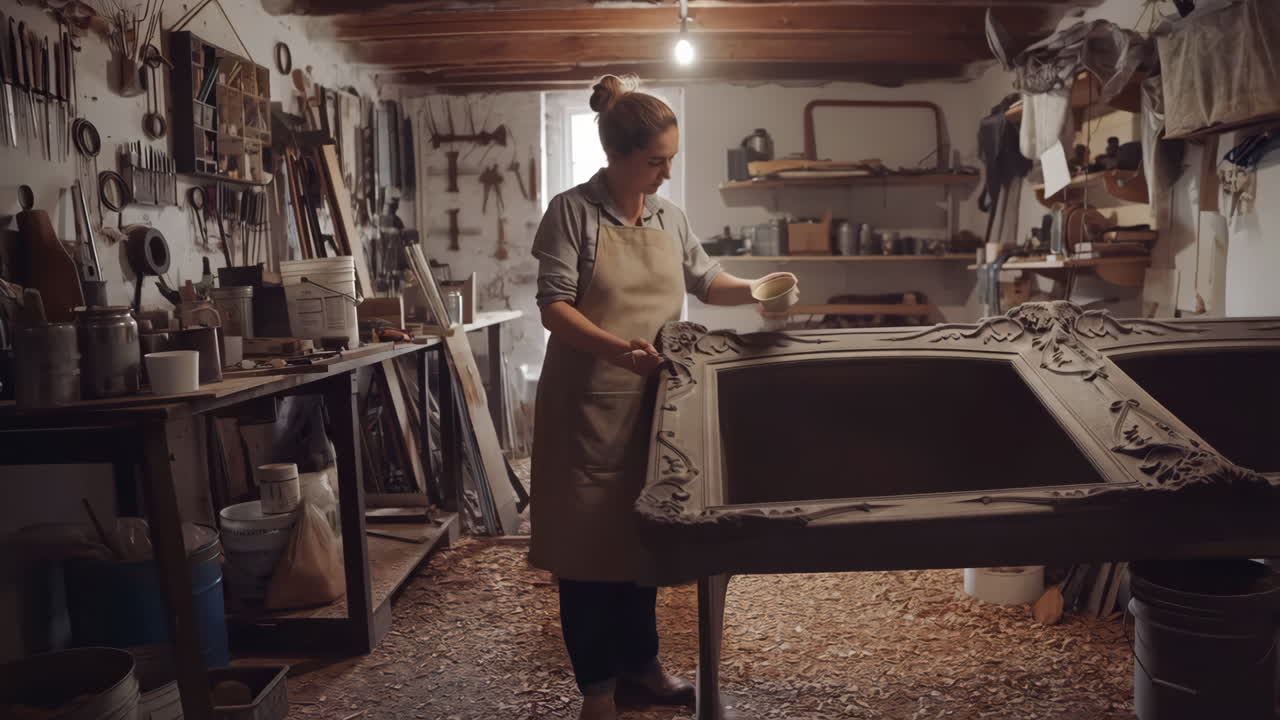 A craftswoman working on an ornate frame in a rustic woodworking workshop