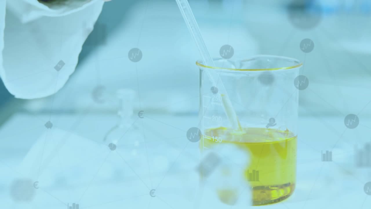 Gloved hand rising over beaker lowering pipette, dropping yellow drop for analysis, overlay fading