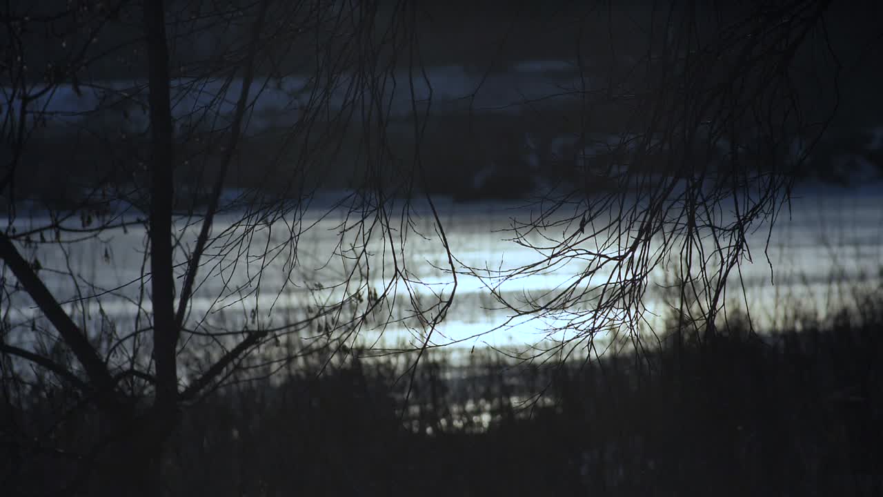 Jäätynyt joki ja auringonlasku puiden takana.