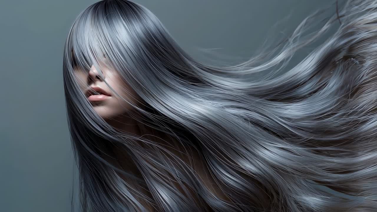 Sweeping female model moving silvery-gray hair in studio, off-camera breeze revealing lower face