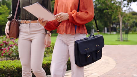 walking, paperwork and business friends in a park