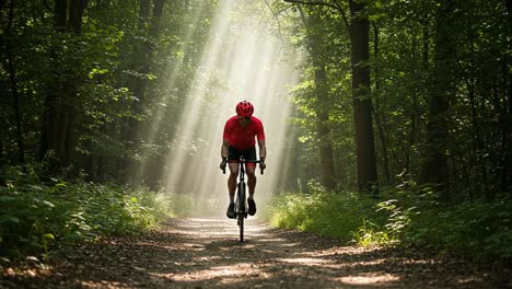 a cyclist navigating through a sunlit forest pathway: the triumph of nature and adventure in a serene woodland environment