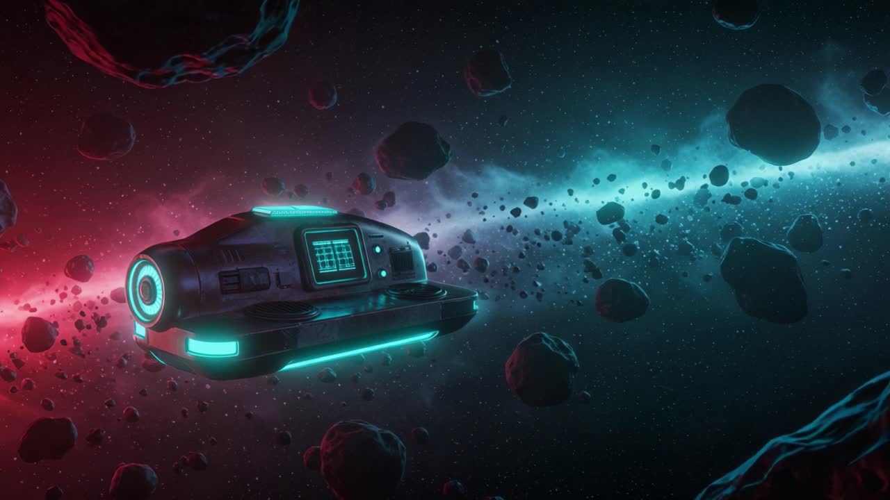 A Futuristic Spacecraft Navigating Through an Asteroid Belt in a Vibrant Cosmic Scene with Glowing Neon Accents and a Stunning Colorful Background