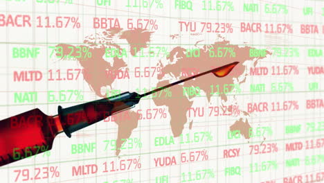 Animation-of-world-map-and-financial-data-processing-over-syringe-with-needle