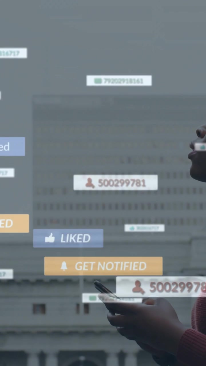 Social media notifications animation over person using smartphone in urban area