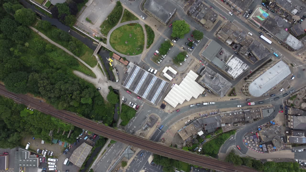 Aerial Drone Yorkshire Town in the day with Traffic, Trees and Buildings