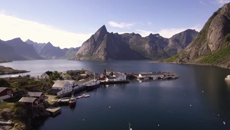 aerial of a small harbor in hamnoy, norway