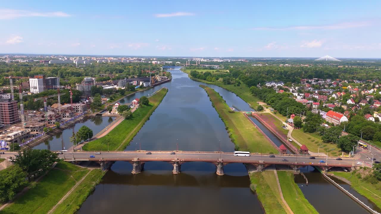 Luftfoto af Wrocław, Polen, med biler, der krydser en central bro over floden Oder. Grønne parker, kanalsluser og en fjern bysilhuet under en klar, blå himmel indrammer scenen.