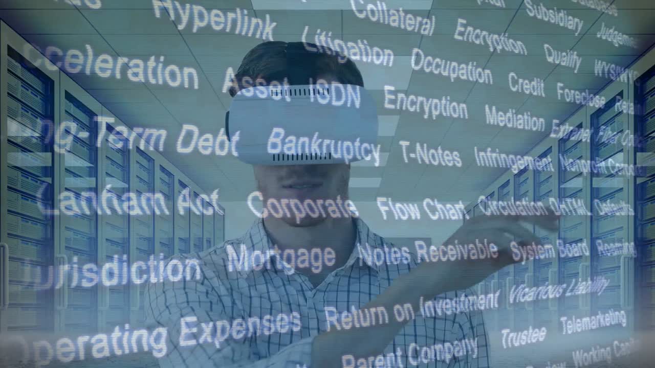 animación del procesamiento de datos y el reloj sobre el hombre utilizando auriculares vr