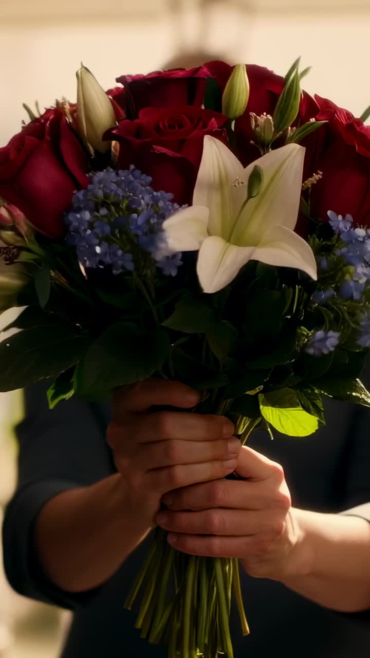 Video verticale: apertura di una porta di legno, adulto con top scuro che offre un regalo tenendo in mano un bouquet