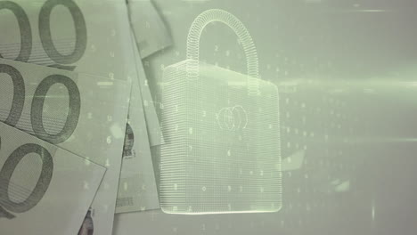 animation of padlock and moving data processing over banknote