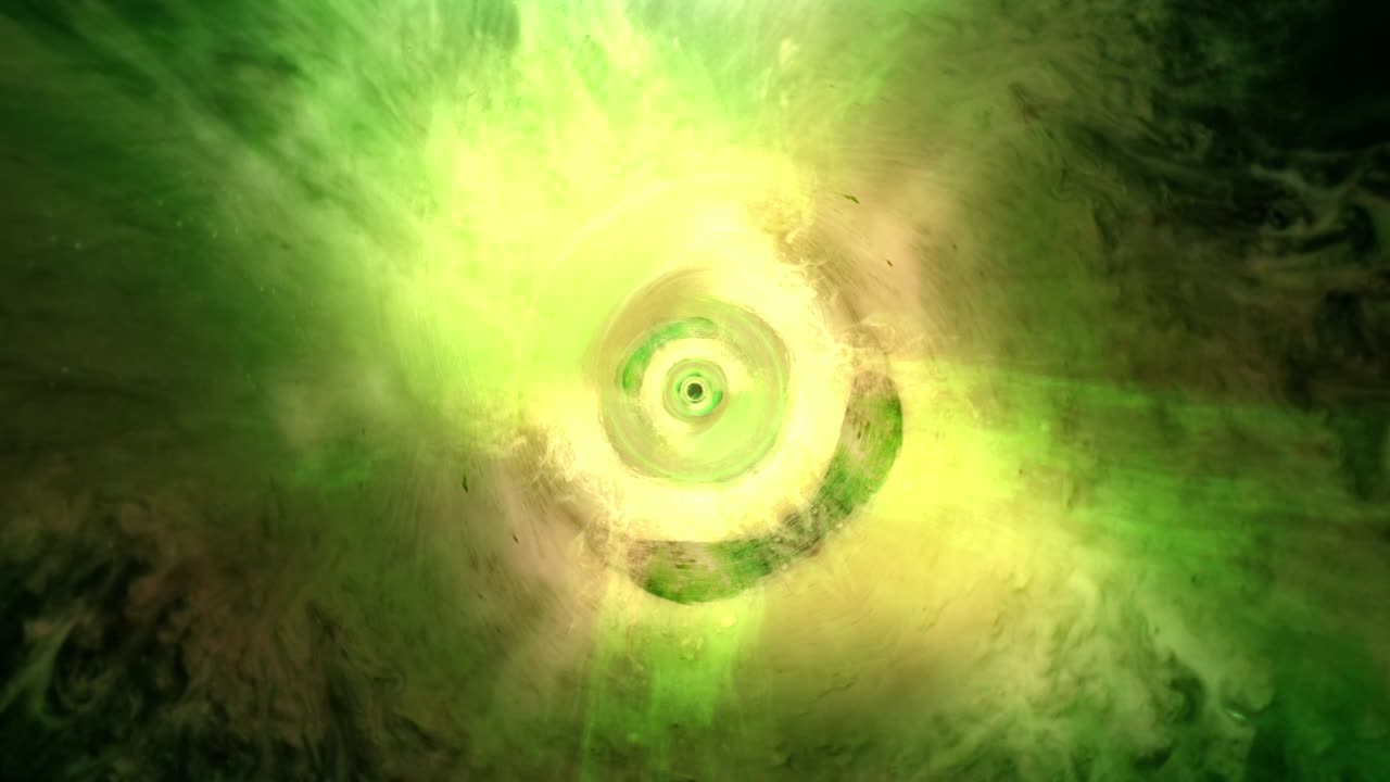 Abstract 4K 3D CGI seamless loop black hole with glow green yellow plasma energy cloud nebula. Loop mysterious blackhole or wormhole twisting animation with glow neon green yellow light is spinning.