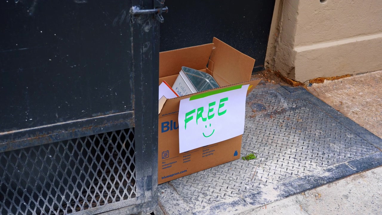 New York, USA, 24 March 2026: Cardboard box with free sign on New York City sidewalk. Cardboard box with handwritten green free sign and smiley face on metal diamond plate pavement in New York City.