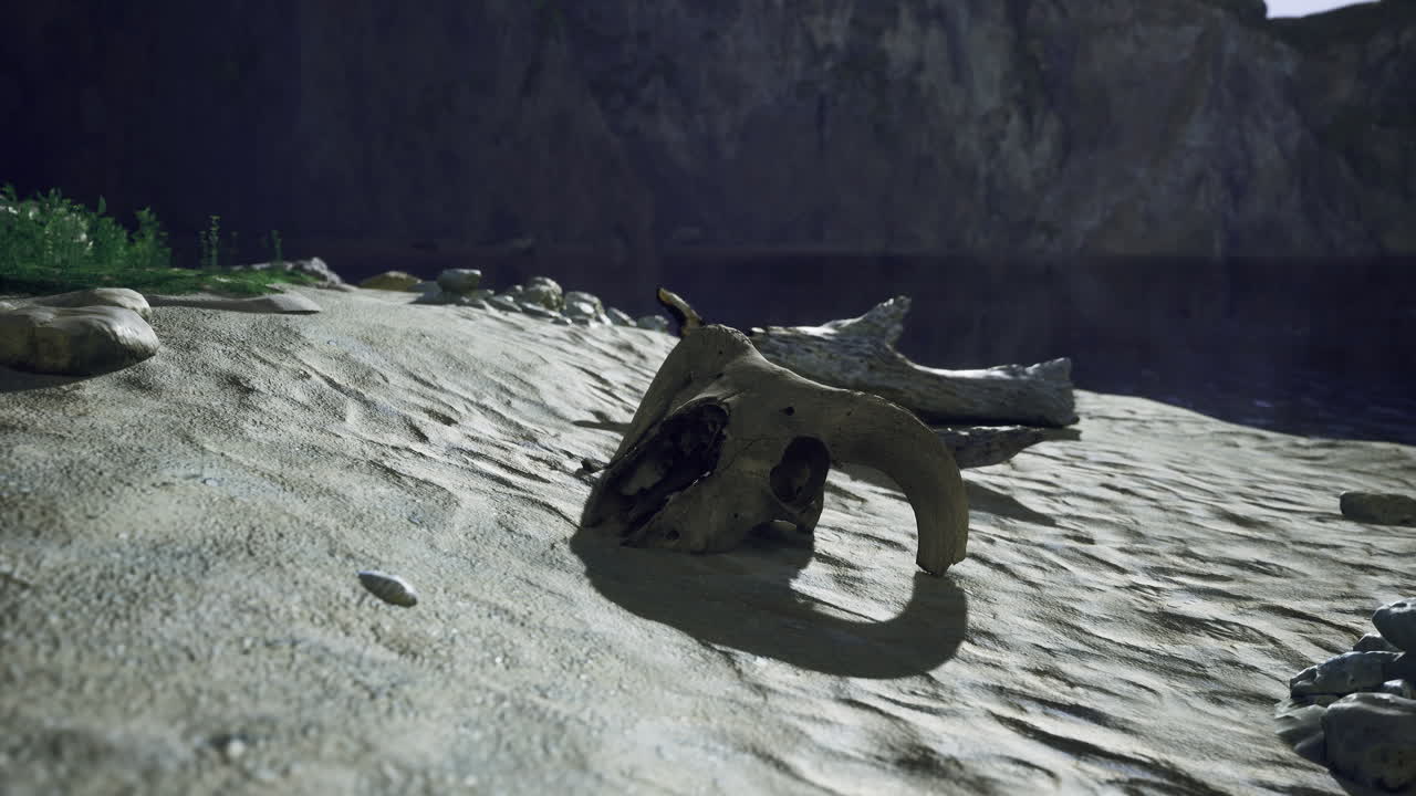 Deserted shore with animal skull and driftwood near calm water at sunset