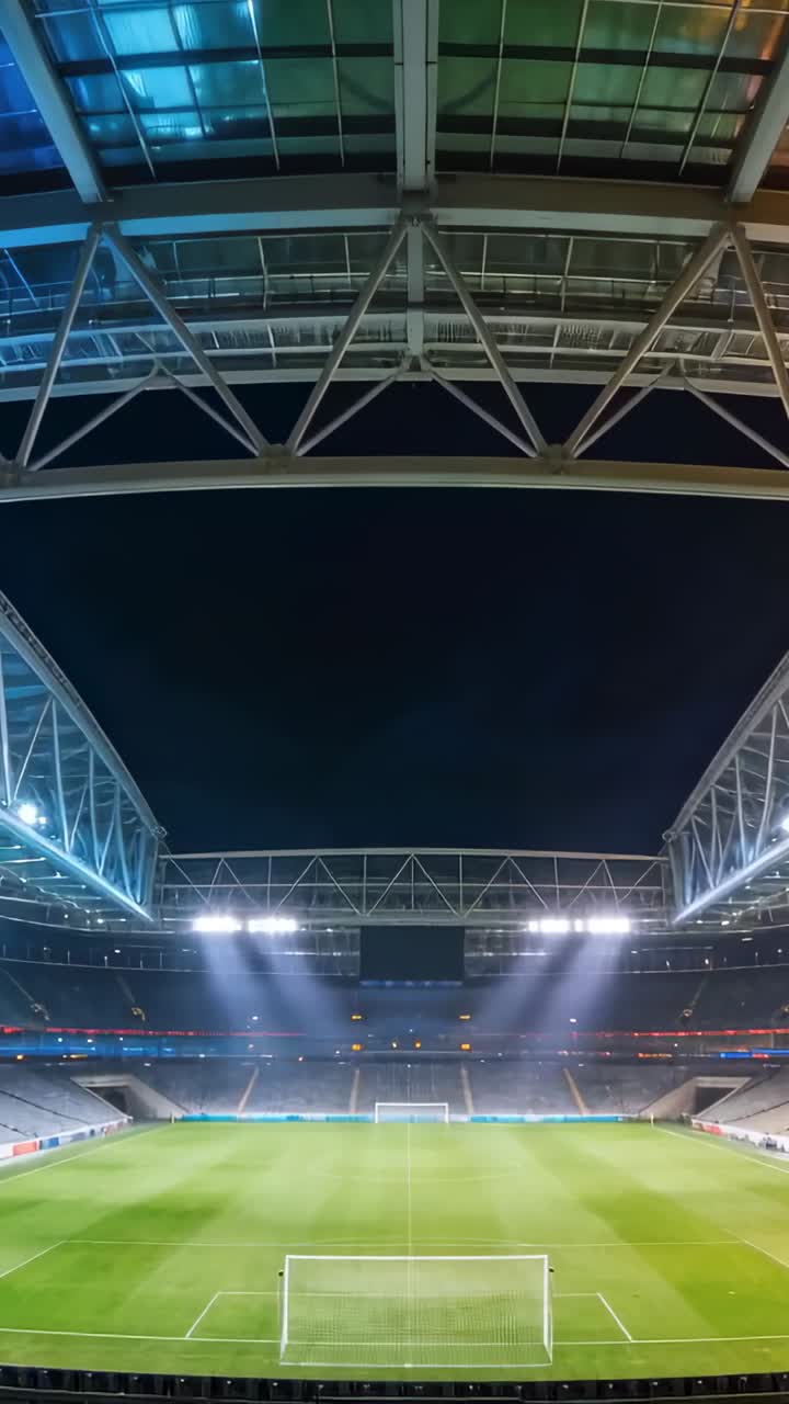 Video verticale: Operatore che inizia a inclinare la telecamera, rivelando uno stadio di notte, mostrando lo schermo e le porte.