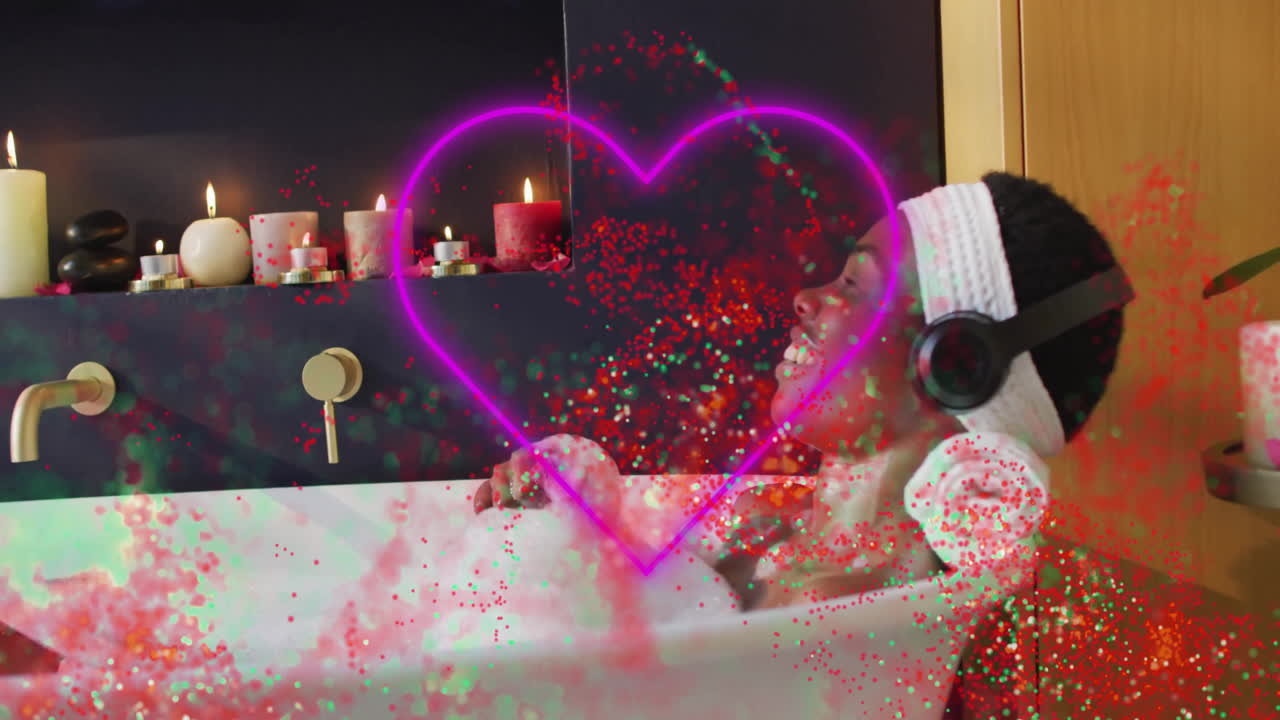woman relaxing in spa bathroom, with neon heart overlay and floating sparkles emphasizing wellness