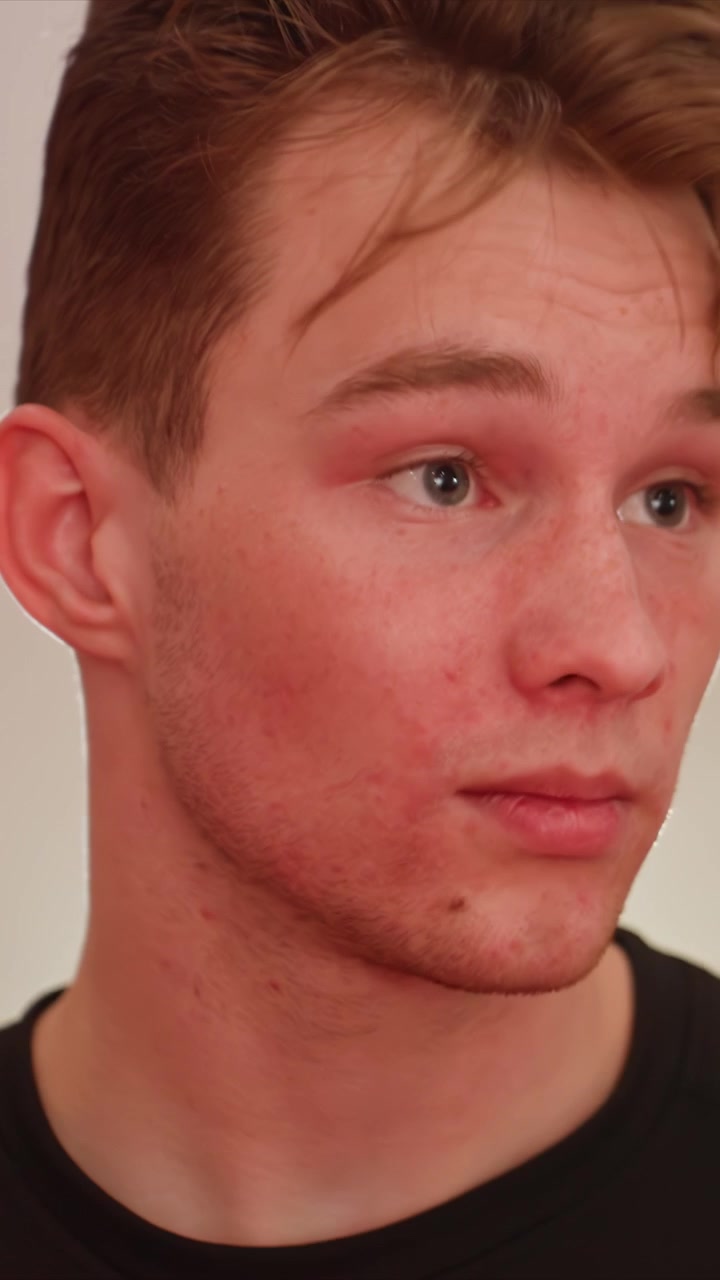 Primo piano di un giovane uomo che tiene e sistema dei pads da boxe rossi. I suoi capelli castano chiaro, l'orecchio e il collo sono visibili. L'attenzione rimane costante per evidenziare l'interazione.