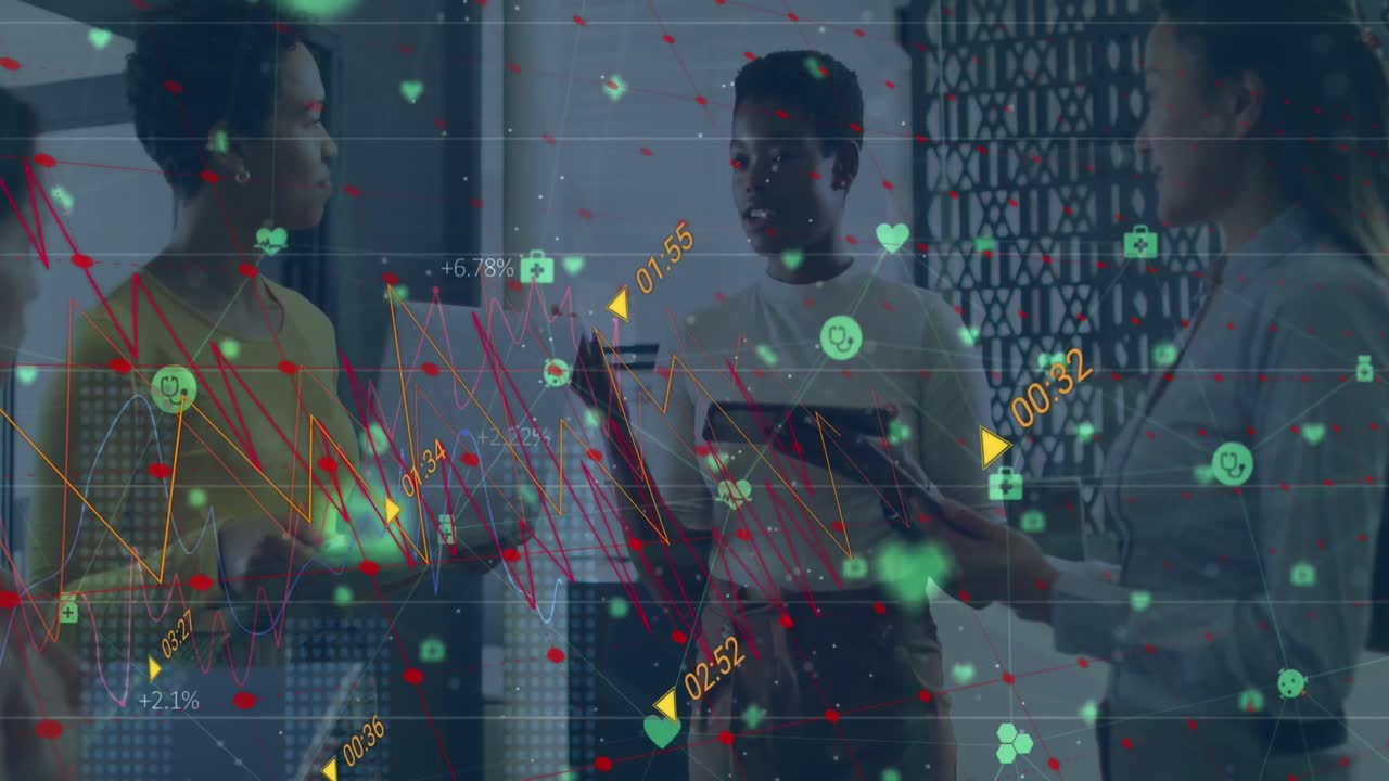 Animation of connections and financial data processing over diverse business people in office