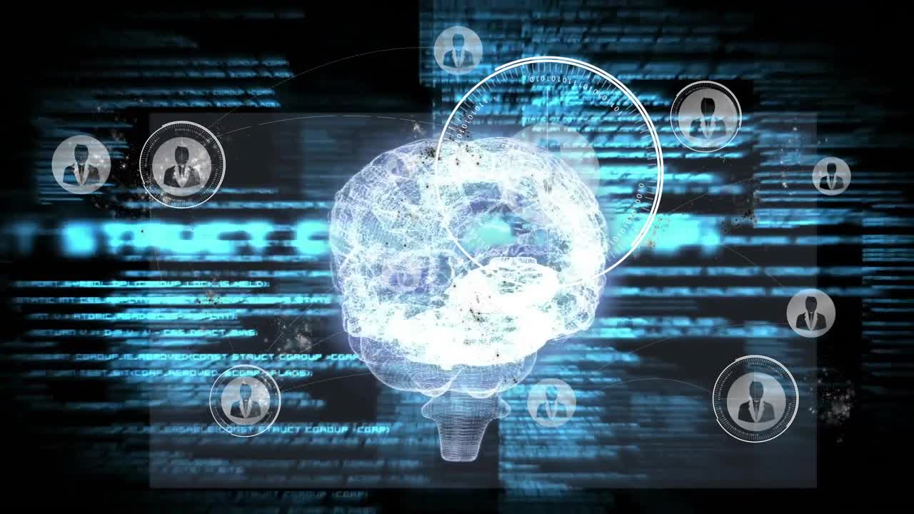 Brain model fading in triggers code scrolling, HUD rings animating, node icons linking network map