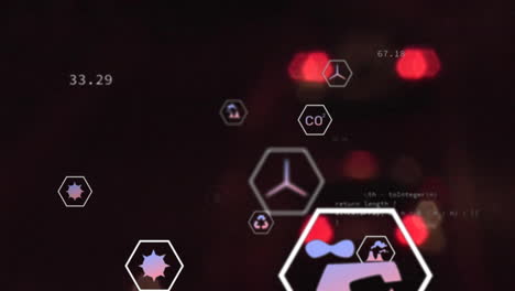 animation of eco icons data processing over out of focus city lights