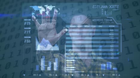 Caucasian-man-scanning-his-hand-over-futuristic-screen-with-data-processing-against-binary-coding