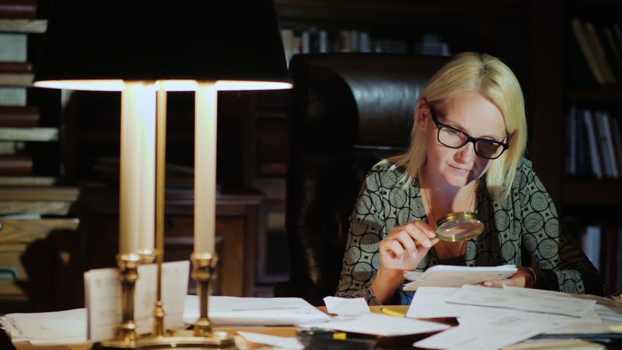 Woman Examines Document With Magnifying Glass