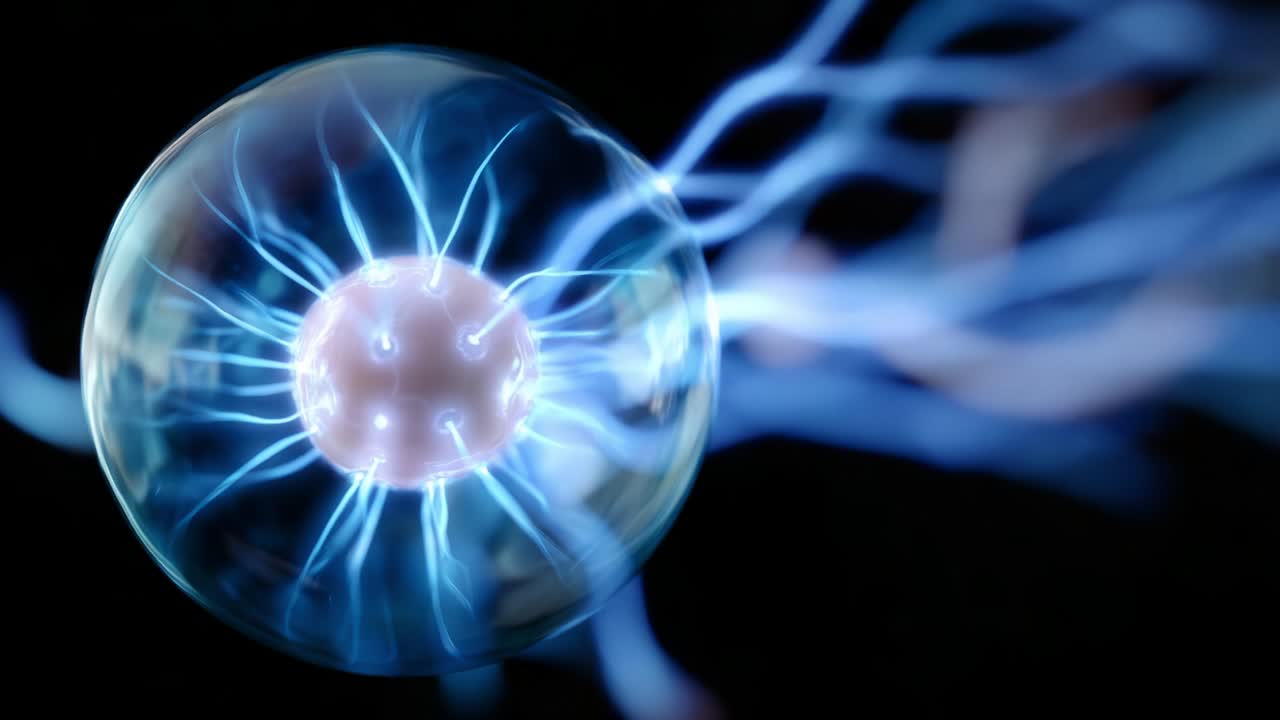 A Stunning Close-Up of a Plasma Globe Displaying Electric Energy with Vibrant Blue and White Arcs Shooting from the Central Sphere, Capturing the Dynamic Nature of Electricity and Plasma Science