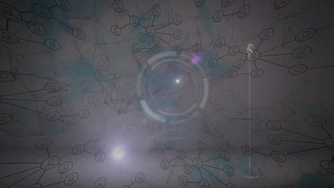 회색 배경에 프로파일 아이콘 네트워크를 통해 둥근 스캐너와 빛의 점의 애니메이션.