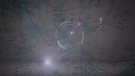 animación de un escáner redondo y un punto de luz sobre una red de iconos de perfil contra un fondo gris.