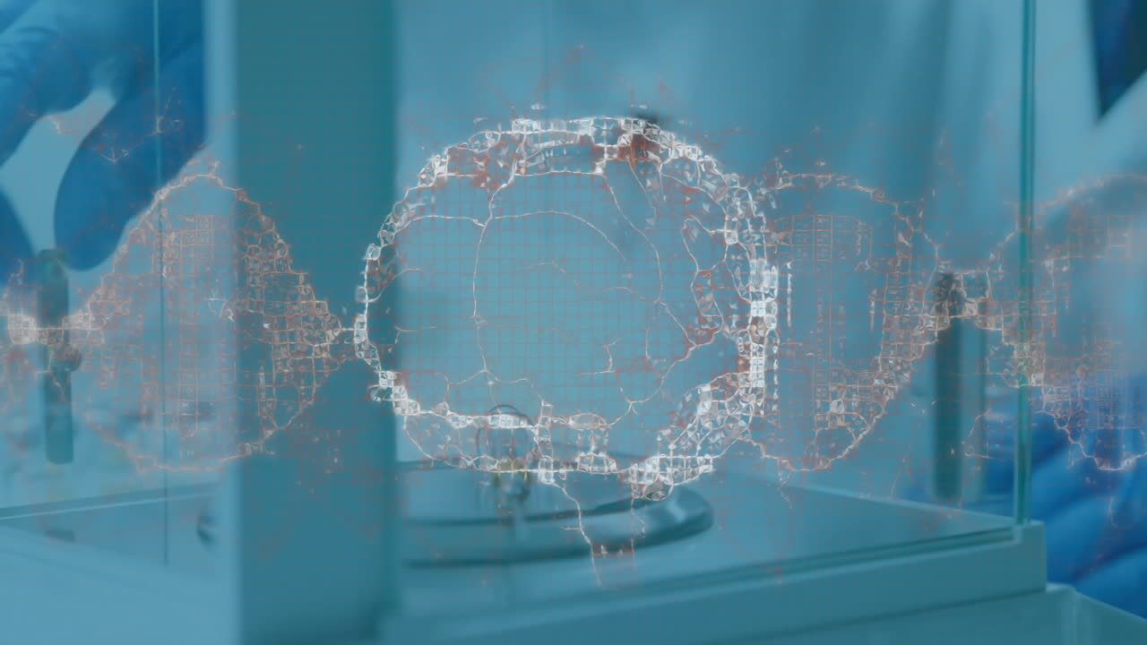 실험실에서 일하는 과학자에 대한 dna 스트랜드 및 분자 구조 애니메이션