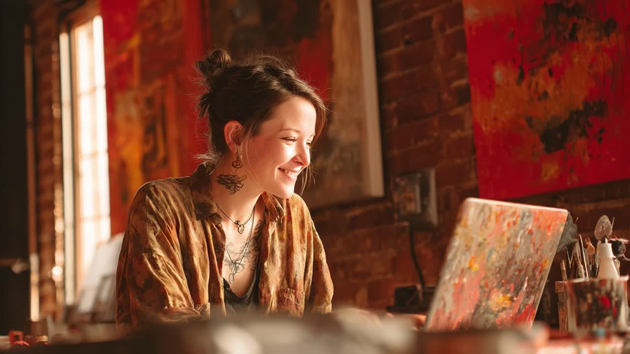 A Creative Artist Engaged in Digital Art Creation with a Warm Smile in a Cozy Studio Filled with Colorful Paintings and Artistic Inspiration