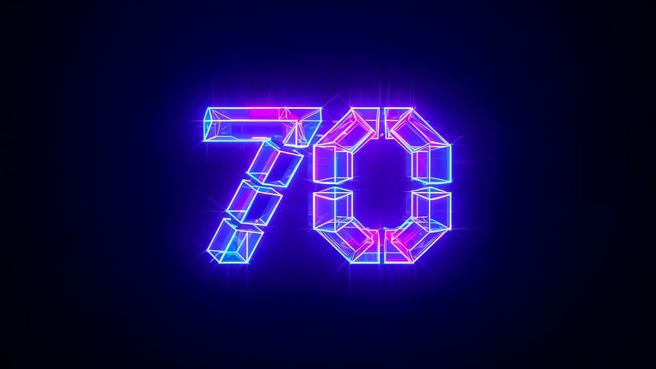 Brightening as frames start, neon 3D 70 shifting toward cyan halo on radial backdrop showing facets