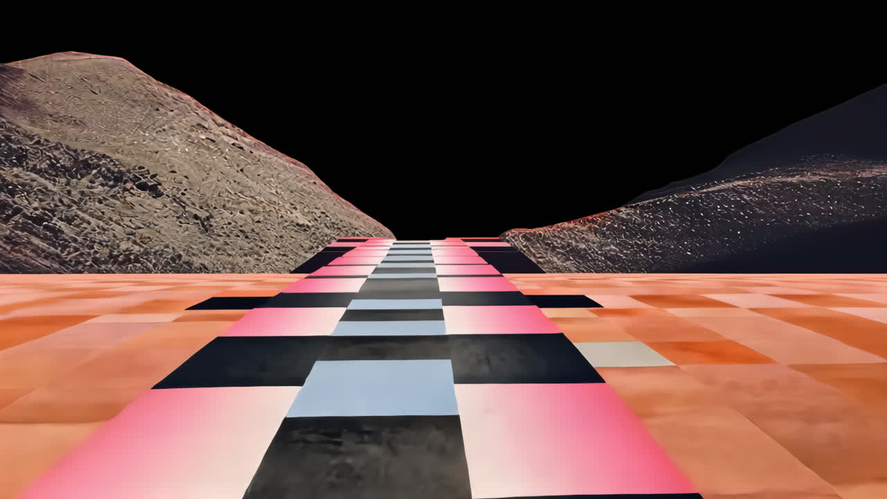 Surreal landscape with checkered path animated overlay, transparent 4K video, alpha channel, ProRes