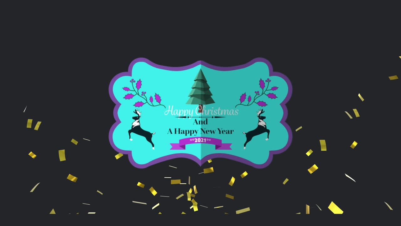 Animazione di coriandoli dorati che cadono su un biglietto d'auguri blu di Buon Natale e Felice Anno Nuovo, su sfondo nero.